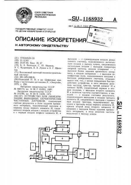 Устройство для линеаризации выходных характеристик частотных датчиков (патент 1168932)