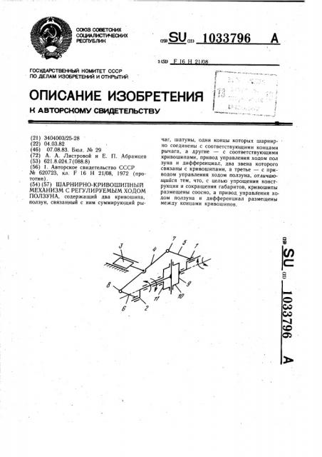 Шарнирно-кривошипный механизм с регулируемым ходом ползуна (патент 1033796)