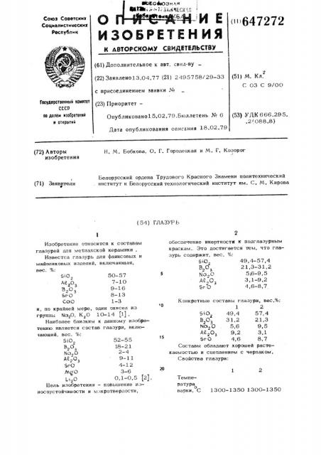 Глазурь (патент 647272)