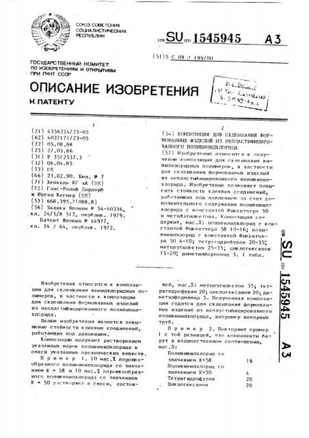 Композиция для склеивания формованных изделий из непластифицированного поливинилхлорида (патент 1545945)