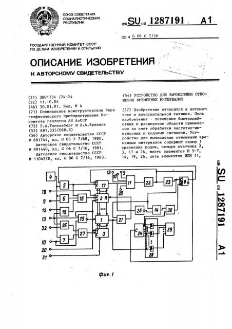 Устройство для вычисления отношения временных интервалов (патент 1287191)