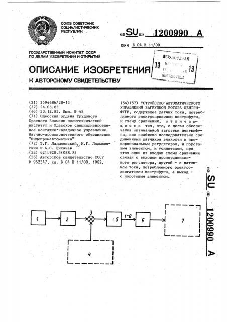 Устройство автоматического управления загрузкой ротора центрифуги (патент 1200990)