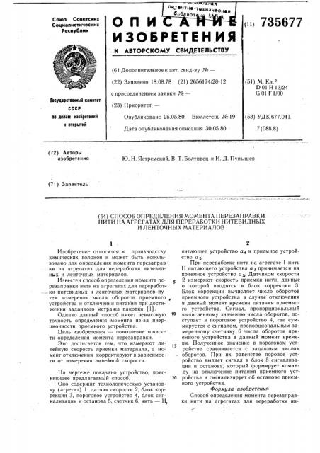 Способ определения момента перезаправки нити на агрегатах для переработки нитевидных и ленточных материалов (патент 735677)