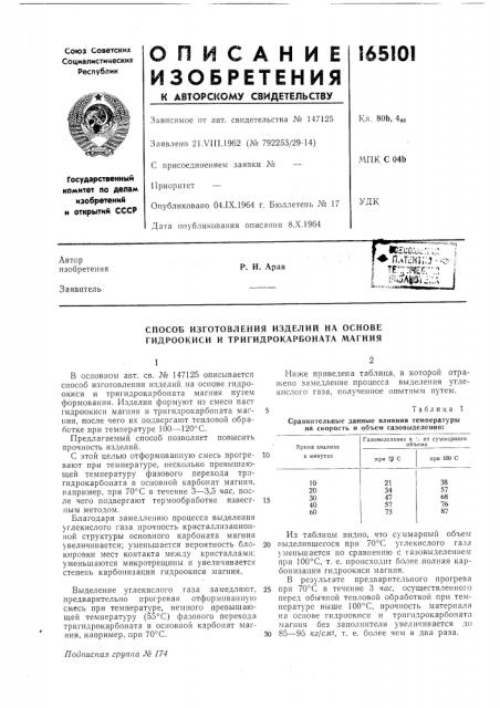 Способ изготовления изделий на основе гидроокиси и тригидрокарбоната магния (патент 165101)