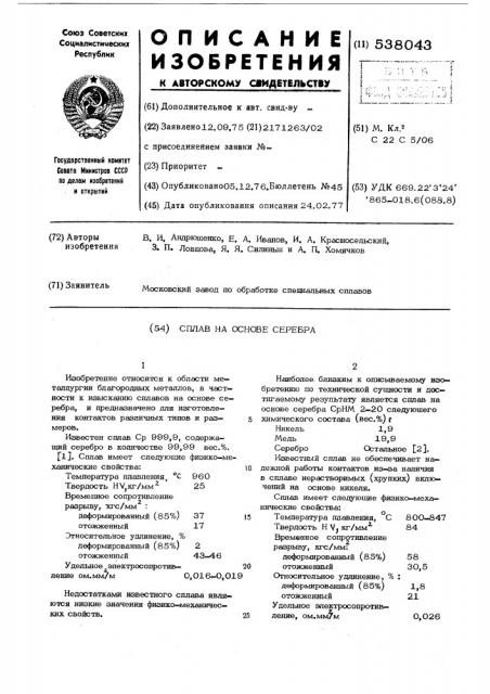 Сплав на основе серебра (патент 538043)