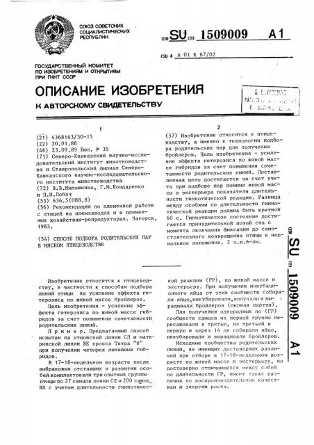 Способ подбора родительских пар в мясном птицеводстве (патент 1509009)