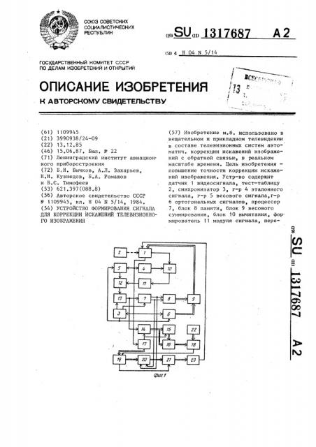 Устройство формирования сигнала для коррекции искажений телевизионного изображения (патент 1317687)