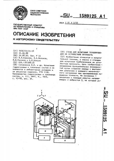 Стенд для испытания трубопроводов на усталостную прочность (патент 1589125)