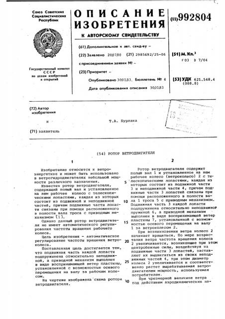 Ротор ветродвигателя (патент 992804)