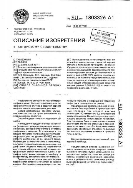 Способ сифонной отливки слитков (патент 1803326)