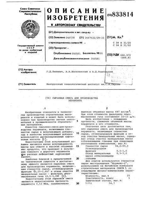 Сырьевая смесь для производствакерамзита (патент 833814)