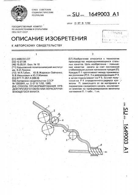 Способ преформирования прядей при изготовлении нераскручивающегося каната (патент 1649003)