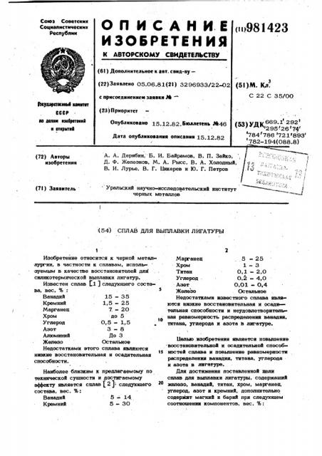 Сплав для выплавки лигатуры (патент 981423)