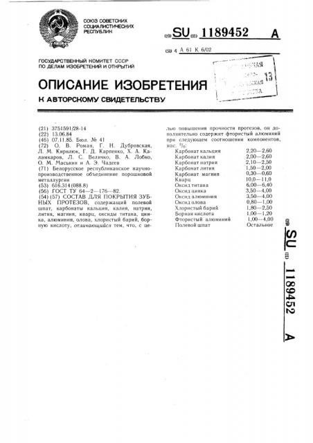 Состав для покрытия зубных протезов (патент 1189452)