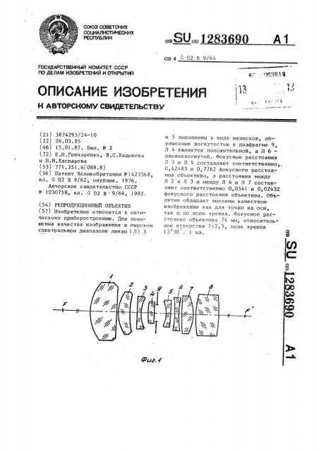 Репродукционный объектив (патент 1283690)