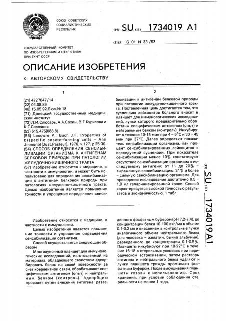 Способ определения сенсибилизации организма к антигенам белковой природы при патологии желудочно-кишечного тракта (патент 1734019)