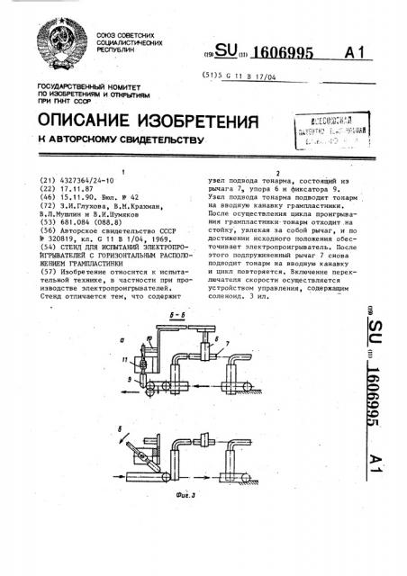 Стенд для испытаний электропроигрывателей с горизонтальным расположением грампластинки (патент 1606995)