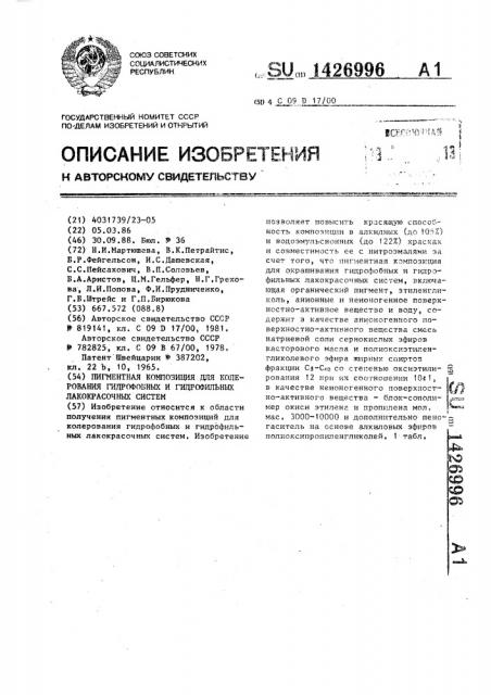 Пигментная композиция для колерования гидрофобных и гидрофильных лакокрасочных систем (патент 1426996)