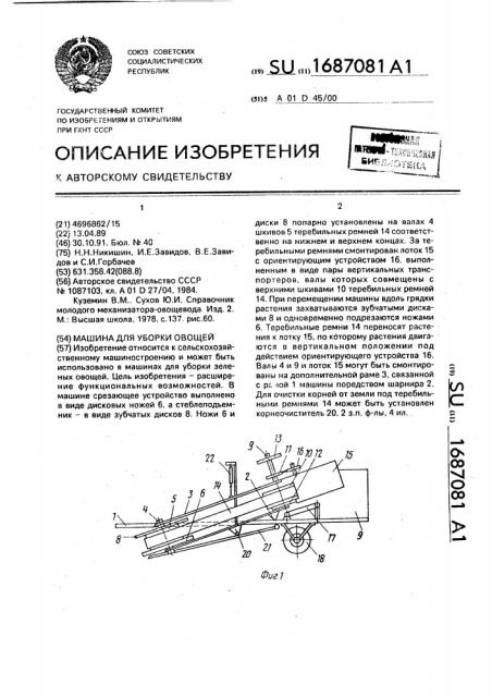 Машина для уборки овощей (патент 1687081)