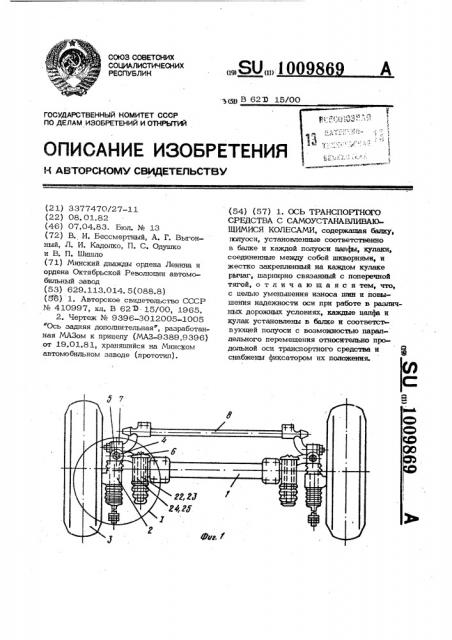 Ось транспортного средства с самоустанавливающимися колесами (патент 1009869)