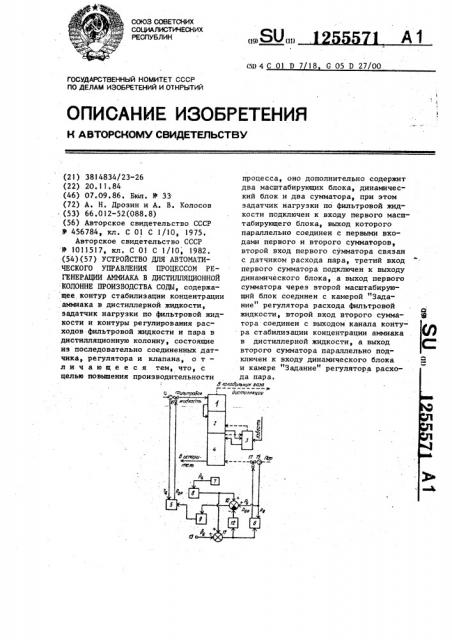 Устройство для автоматического управления процессом регенерации аммиака в дистилляционной колонне производства соды (патент 1255571)