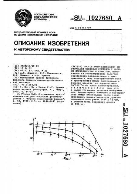 Способ фотографической регистрации световых сигналов с малыми длительностью и яркостью (патент 1027680)