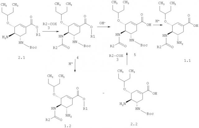 (3r,4r,5s)-5-амино-4-ациламино-3-(1-этил-пропокси)-циклогекс-1-ен-карбоновые кислоты, их эфиры и способ применения (патент 2469020)