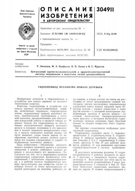 Гидропривод механизма повала деревьев (патент 304911)
