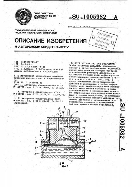 Устройство для гидроштамповки листовых деталей (патент 1005982)