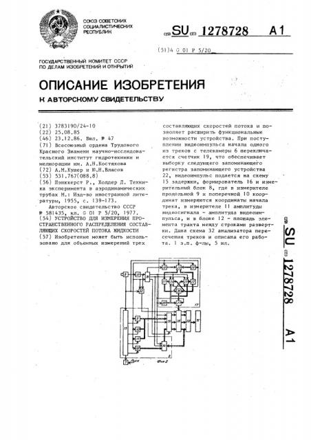 Устройство для измерения пространственного распределения составляющих скоростей потока жидкости (патент 1278728)