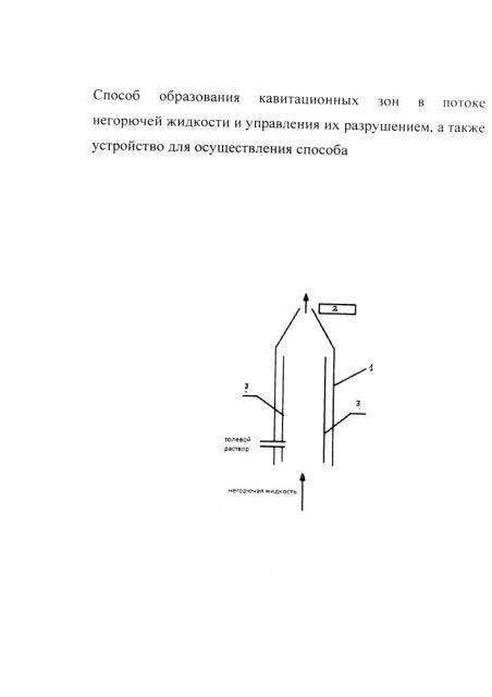 Способ образования кавитационных зон в потоке негорючей жидкости и управления их разрушением, а также устройство для осуществления способа (патент 2657389)