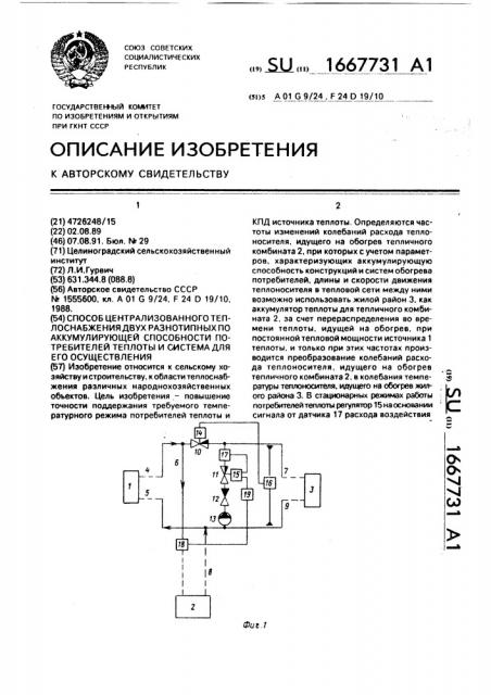 Способ централизованного теплоснабжения двух радиотипных по аккумулирующей способности потребителей теплоты и система для его осуществления (патент 1667731)