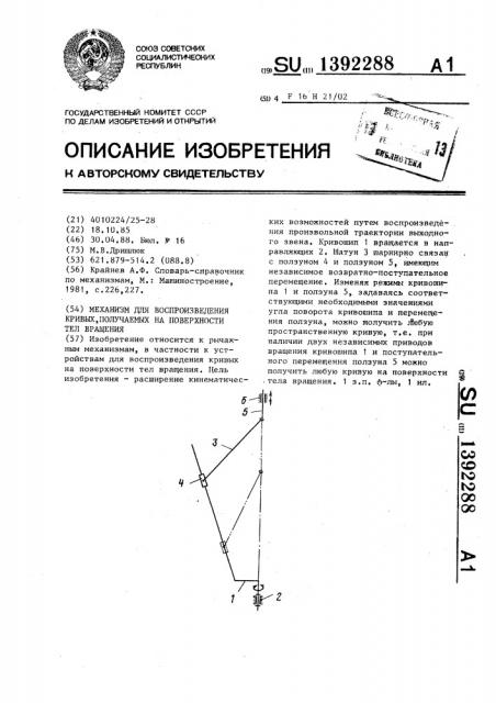 Механизм для воспроизведения кривых,получаемых на поверхности тел вращения (патент 1392288)