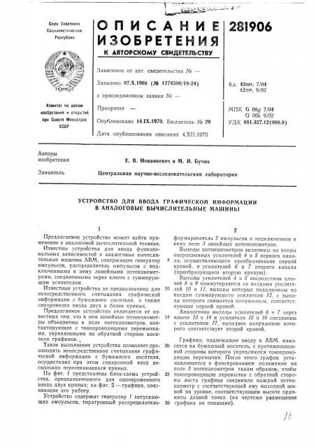 Устройство для ввода графической информации в аналоговые вычислительные машины (патент 281906)