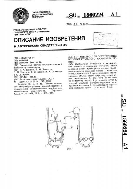 Устройство для обеспечения вспомогательного кровообращения (патент 1560224)