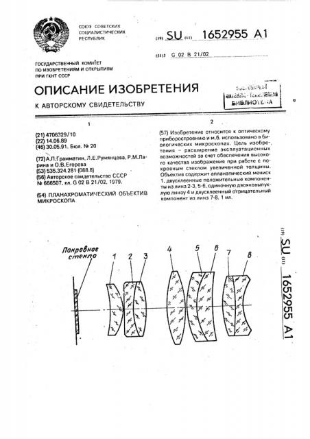 Планахроматический объектив микроскопа (патент 1652955)