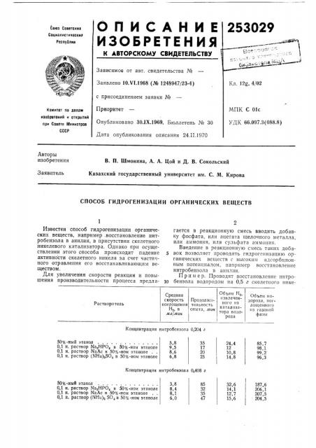 Способ гидрогенизации органических веществ (патент 253029)
