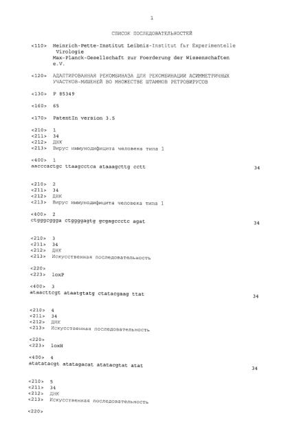 Адаптированная рекомбиназа для рекомбинации асимметричных участков-мишеней во множестве штаммов ретровирусов (патент 2617968)