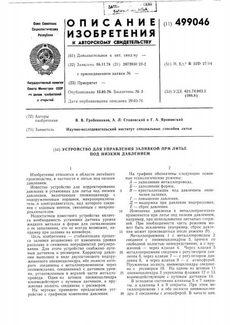 Устройство для управления заливкой при литье под низким давлением (патент 499046)