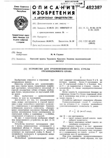 Устройство для уравновешивания веса стрелы грузоподъемного крана (патент 482387)