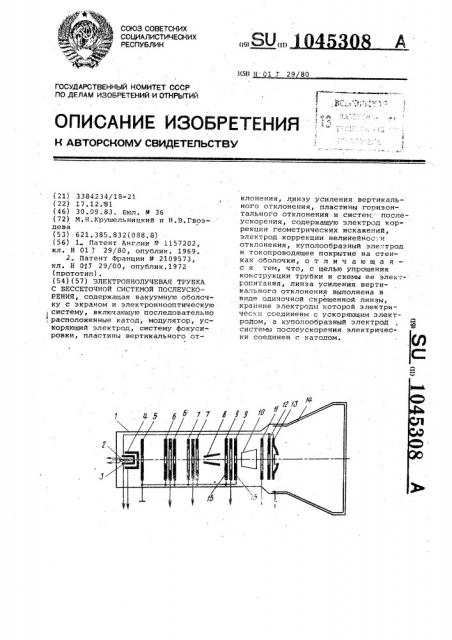 Электроннолучевая трубка с бессеточной системой послеускорения (патент 1045308)