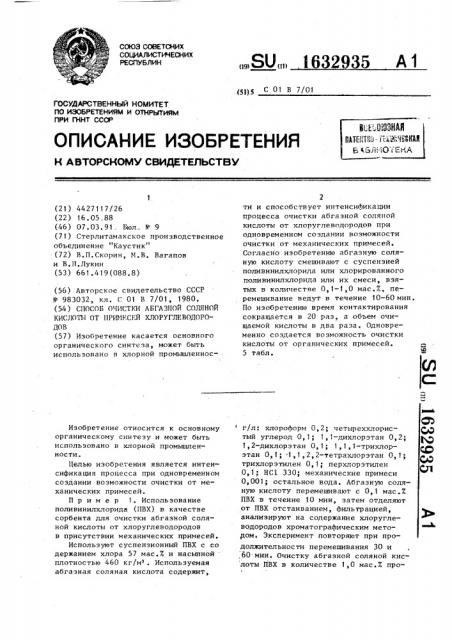 Способ очистки абгазной соляной кислоты от примесей хлоруглеводородов (патент 1632935)