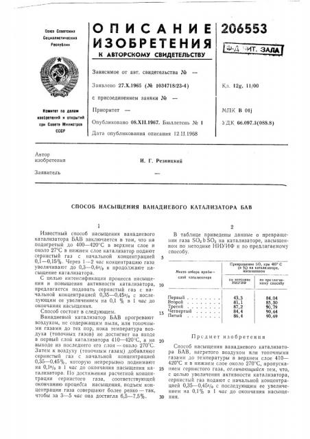 Способ насыщения ванадиевого катализатора бав (патент 206553)