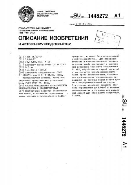 Способ определения ароматических углеводородов в нефтепродуктах (патент 1448272)