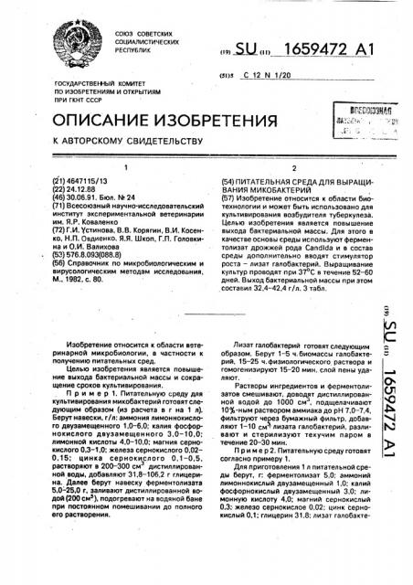 Питательная среда для выращивания микробактерий (патент 1659472)