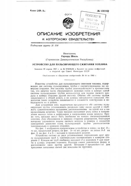 Устройство для пульсирующего сжигания топлив (патент 130142)