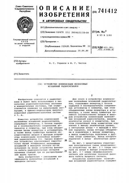 Устройство компенсации нелинейных искажений радиосигналов (патент 741412)