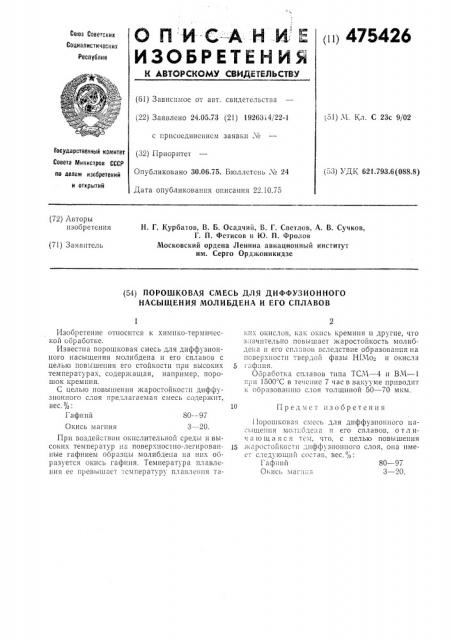 Порошковая смесь для диффузионного насыщения молибдена и его сплавов (патент 475426)