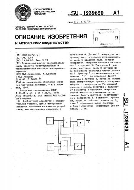 Устройство для измерения частоты вращения (патент 1239620)