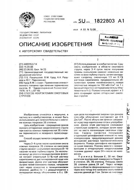 Способ некрэктомии ожоговых струпов (патент 1822803)